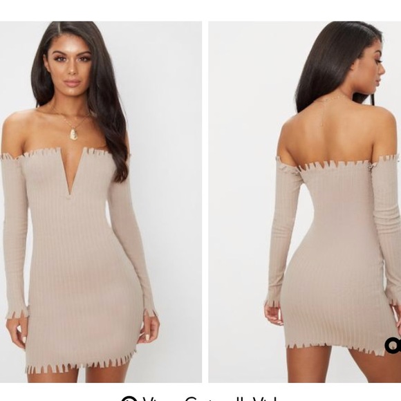 PrettyLittleThing Dresses & Skirts - Stone Ribbed Bardot Raw Edge detail Bodycon Dress